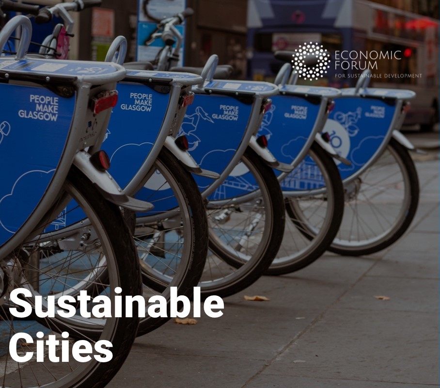 "Sustainable Cities" caption banner with images of bikes lined up together